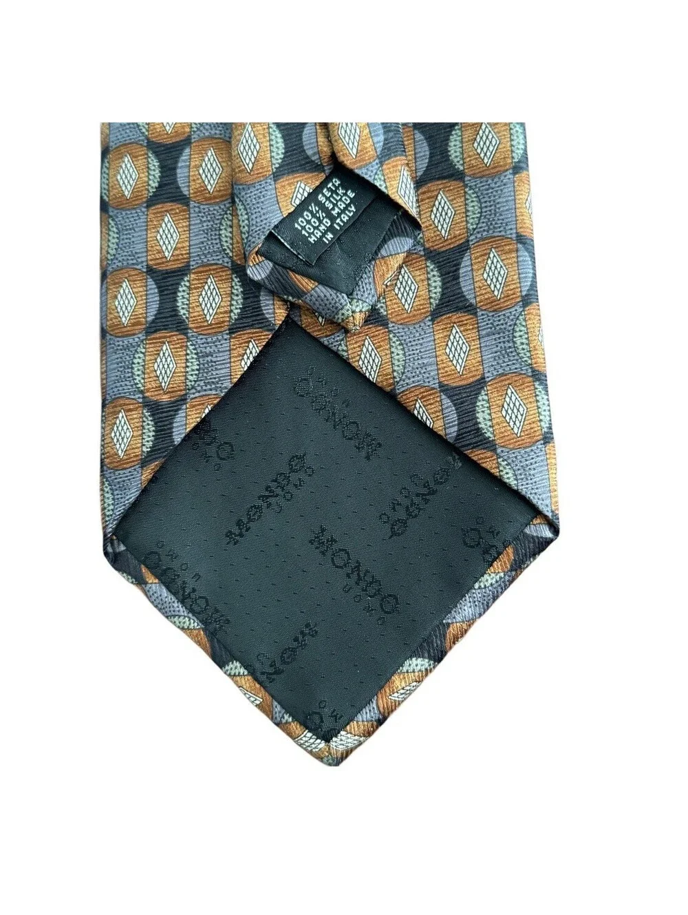 Mondo Uomo Tie 100% Silk Made in Italy Geometric Retro Pattern Brown Gray